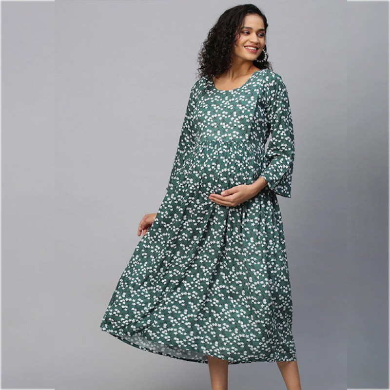 Green & White Floral Maternity Maxi Maxi Dress