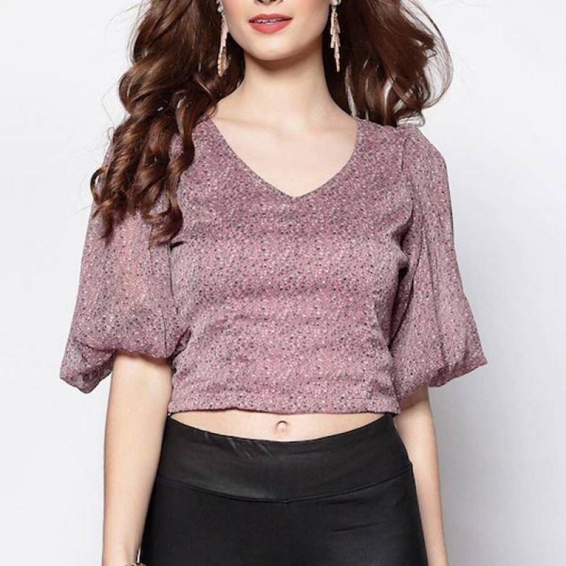 Mauve Floral Chiffon Regular Crop Top