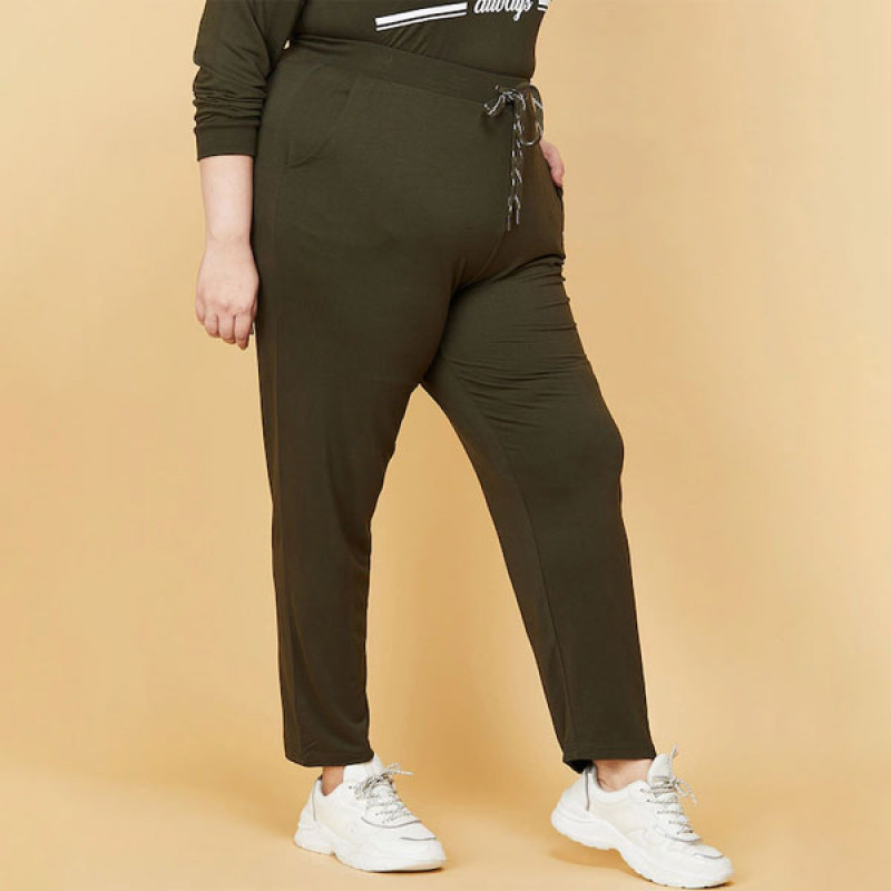 Women Plus Size Green Solid Track Pants