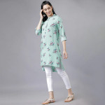 Green & Pink Mandarin Collar Printed Tunic