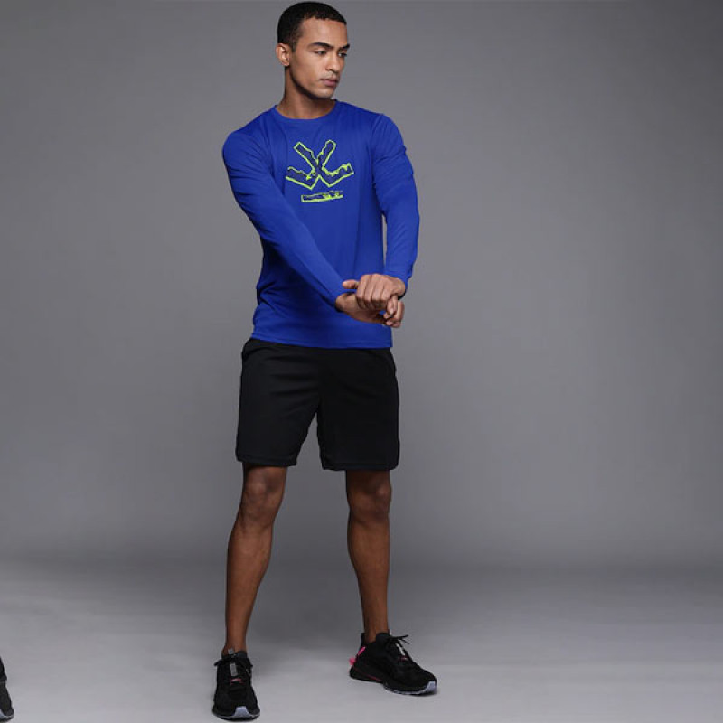 Men Blue & Yellow Brand Logo Printed Round Neck Slim Fit T-shirt